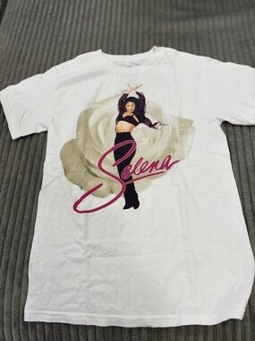 White Graphic Official Selena Tee with Pink Script NWOT